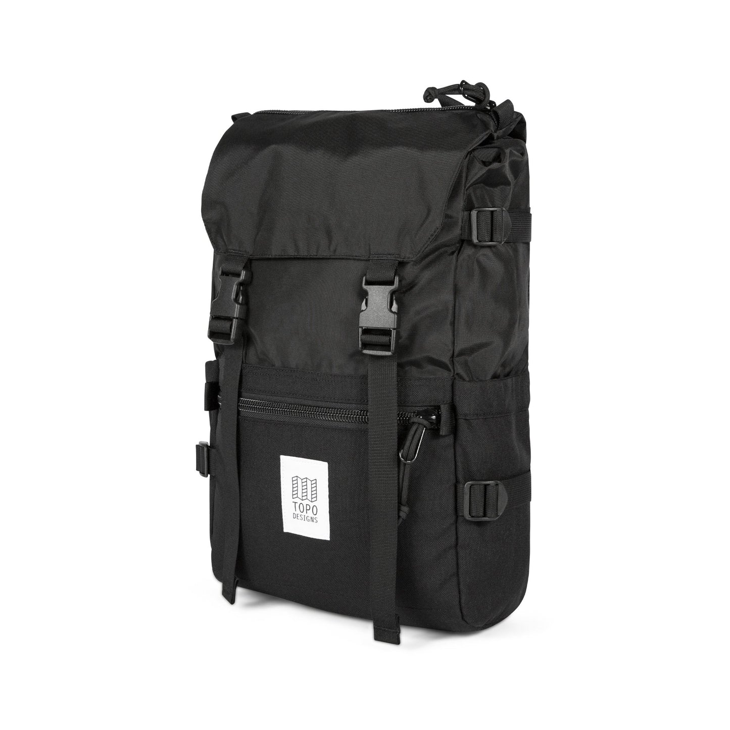 3/4 Front Product Shot of the Topo Designs Rover Pack Classic in "Black / Black".