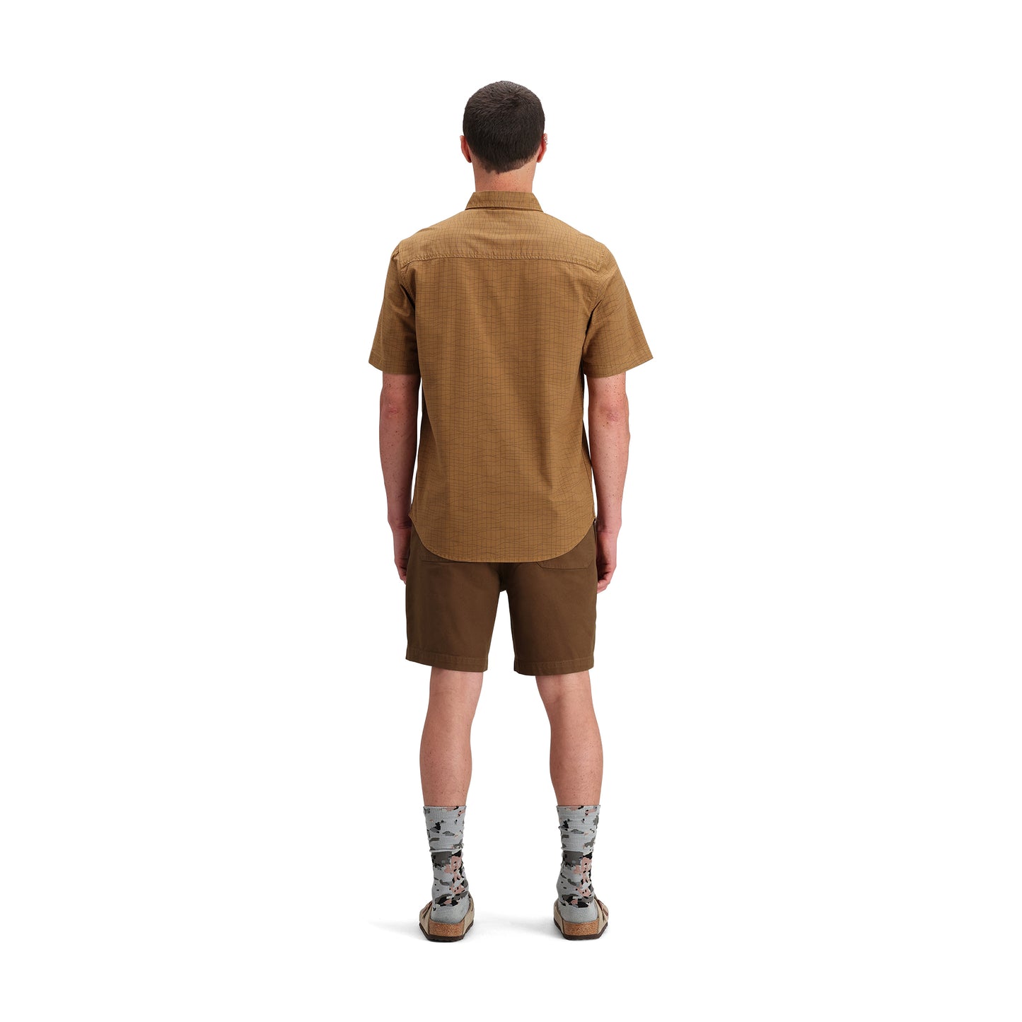 Back model shot of Topo Designs Dirt Desert Shirt Ss - Men's  in "Dark Khaki Terrain"