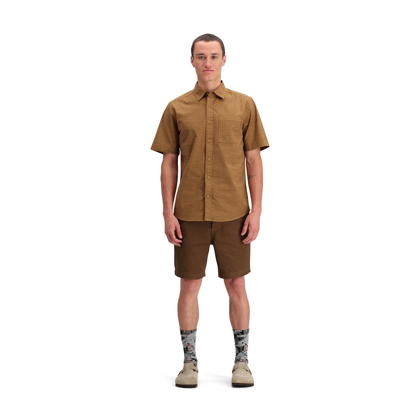 Front model shot of Topo Designs Dirt Desert Shirt Ss - Men's  in "Dark Khaki Terrain"