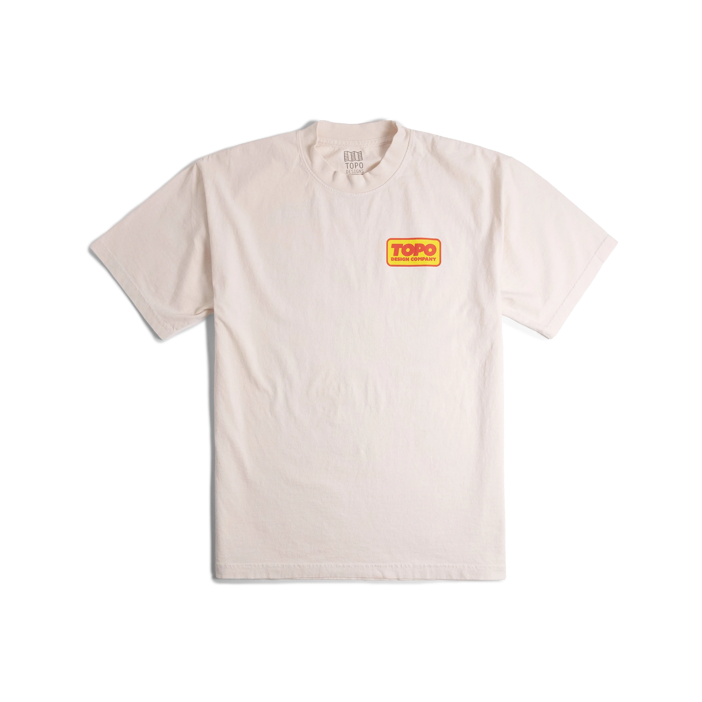 Front flat lay image of Topo Designs x Pine Printshop Catalog Tee in "Creme"