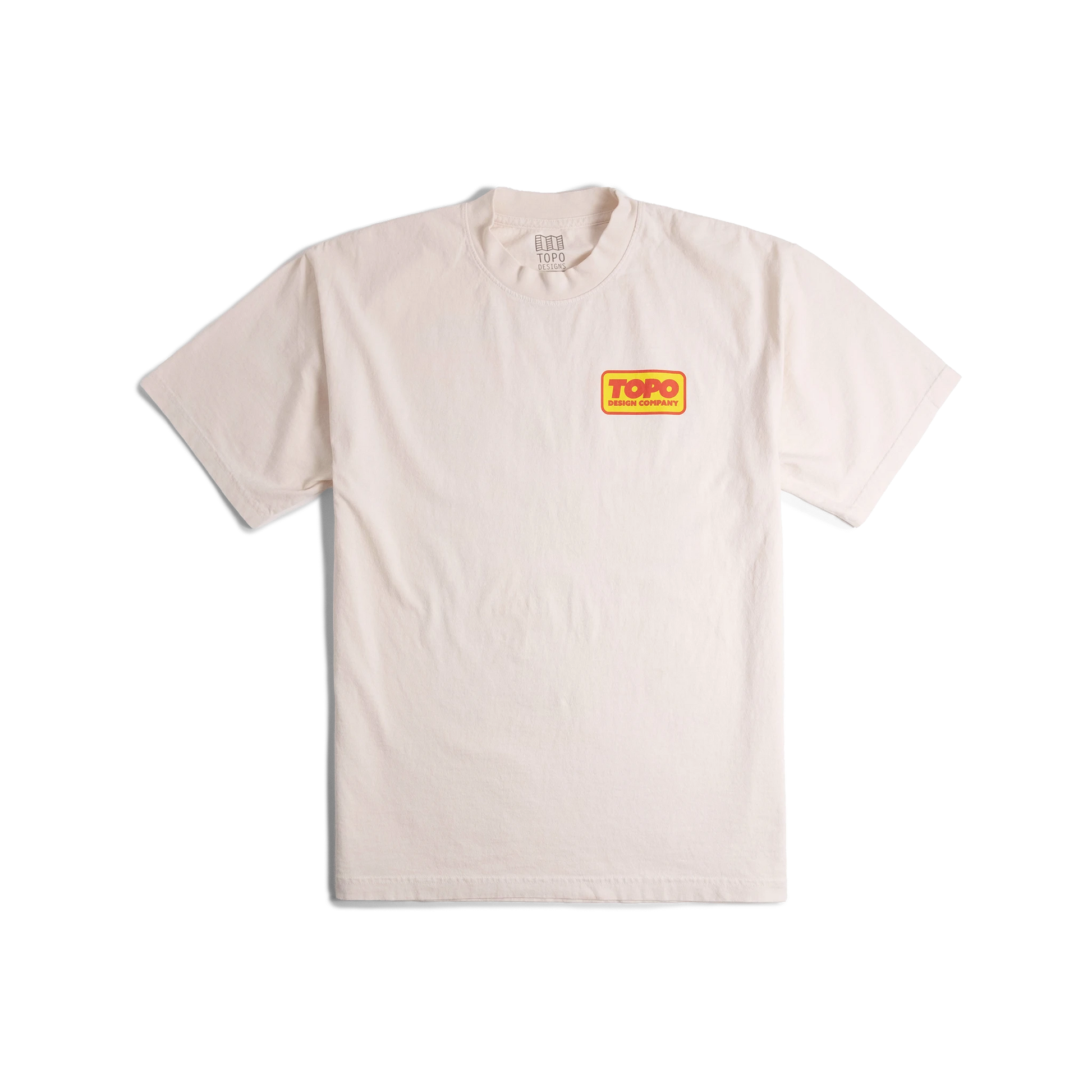 Front flat lay image of Topo Designs x Pine Printshop Catalog Tee in "Creme"