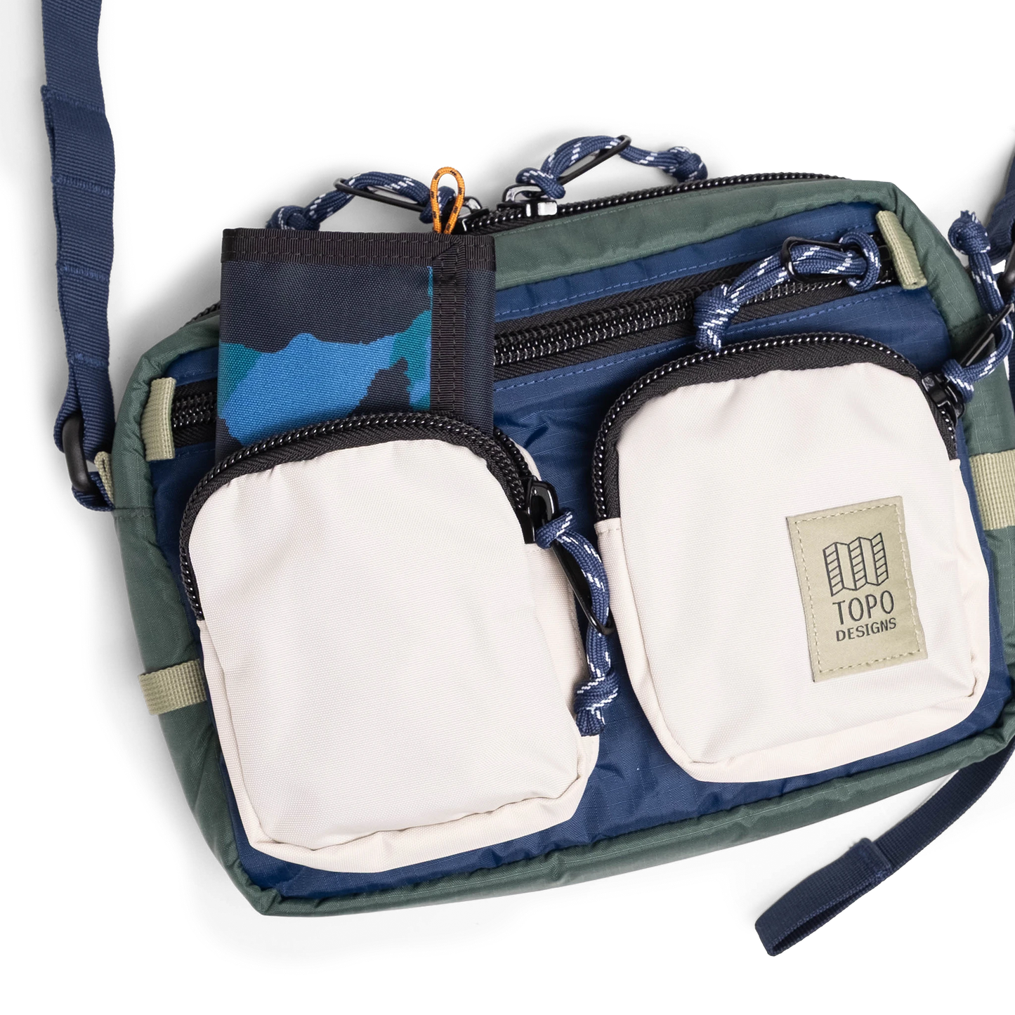 General detail view of Topo Designs Block Bag in "Forest / Bone White"
