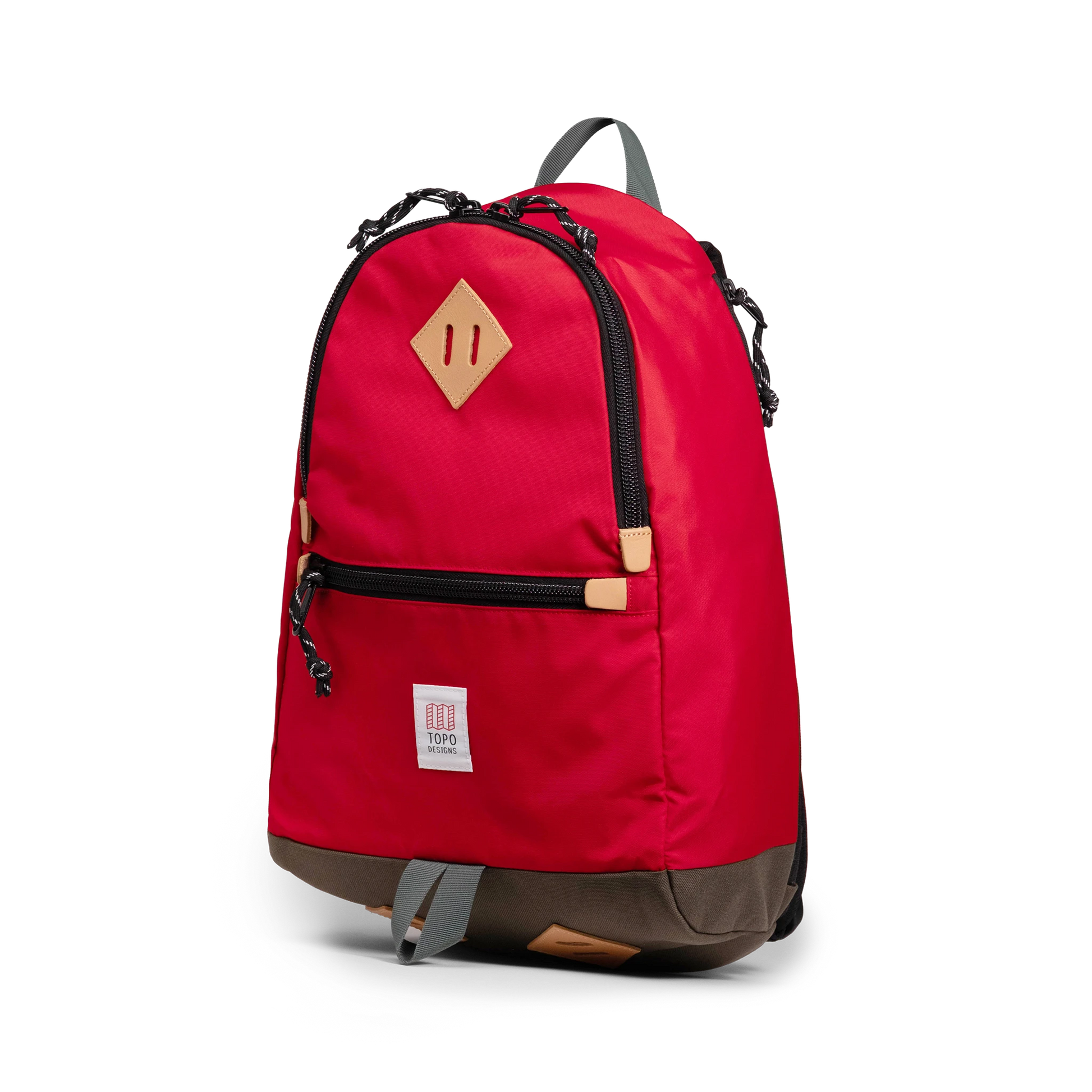 Quarter view of Topo Designs Classic Teardrop Backpack in "Salsa"