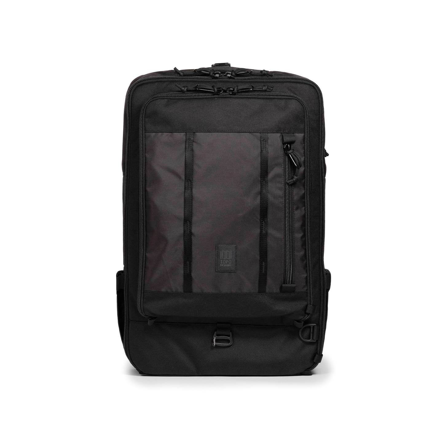 Front view of Topo Designs Global Travel Bag 40L in "Black / Black"