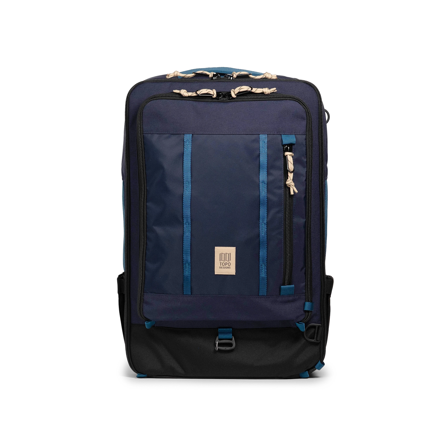 Front view of Topo Designs Global Travel Bag 40L in "Navy / Sahara"