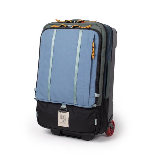 Front View of Topo Designs Global Travel Bag Roller in "Stone Blue / Forest"