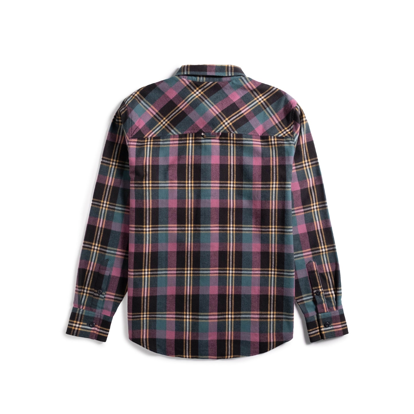 Back shot of Topo Designs Mountain Shirt Lightweight - Men's in "Black / Goldenrod Multi"