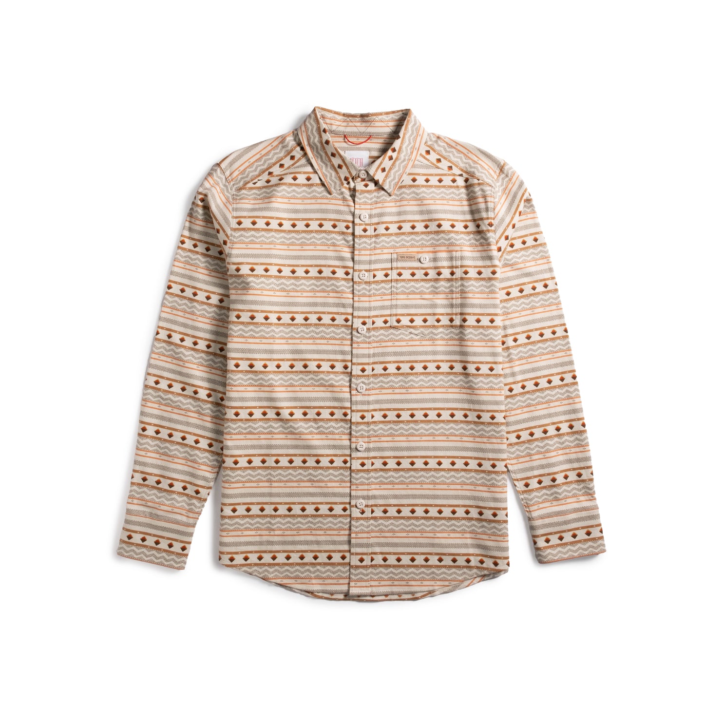 Front shot of Topo Designs Mountain Shirt Lightweight - Men's in "Bone White Sunset Stripe"