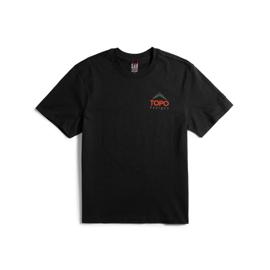 Front flat lay image on white background of Topo Designs Retro Icon Tee - Men's in "Black"