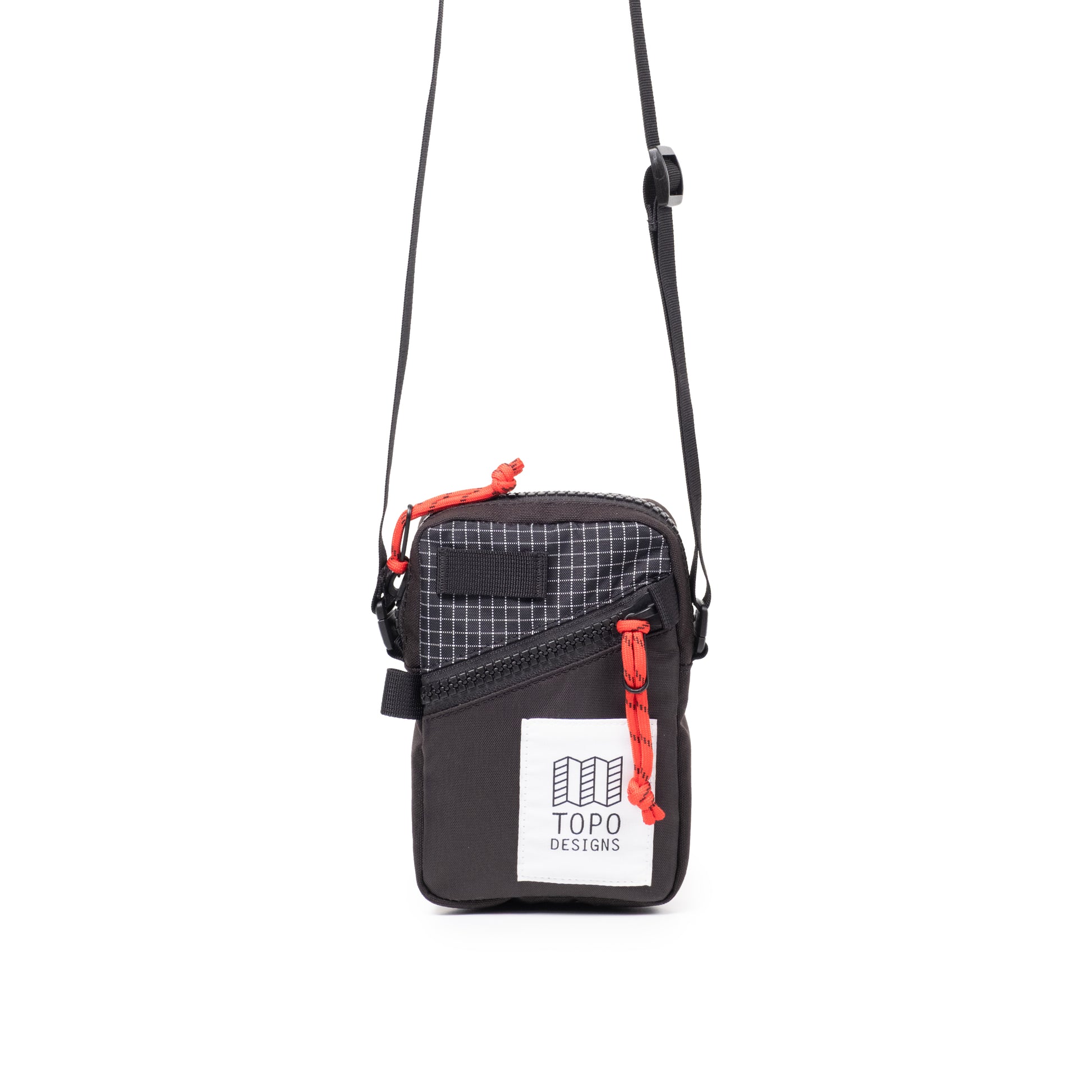 Front View of Topo Designs Mini Shoulder Bag in "Black / White Grid"