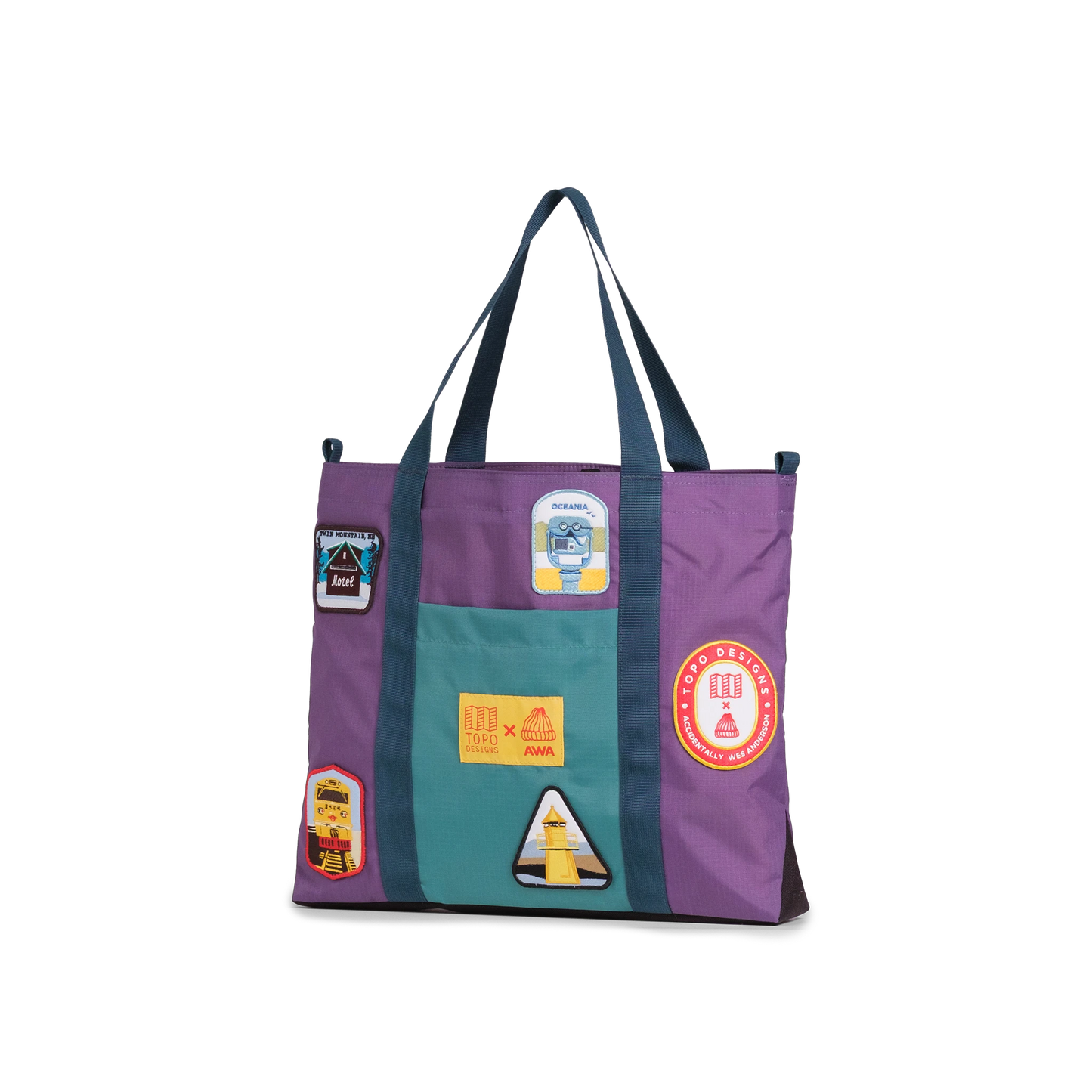 Quarter image of Topo Designs x AWA Mountain Essential Tote in "Loganberry / Caribbean"