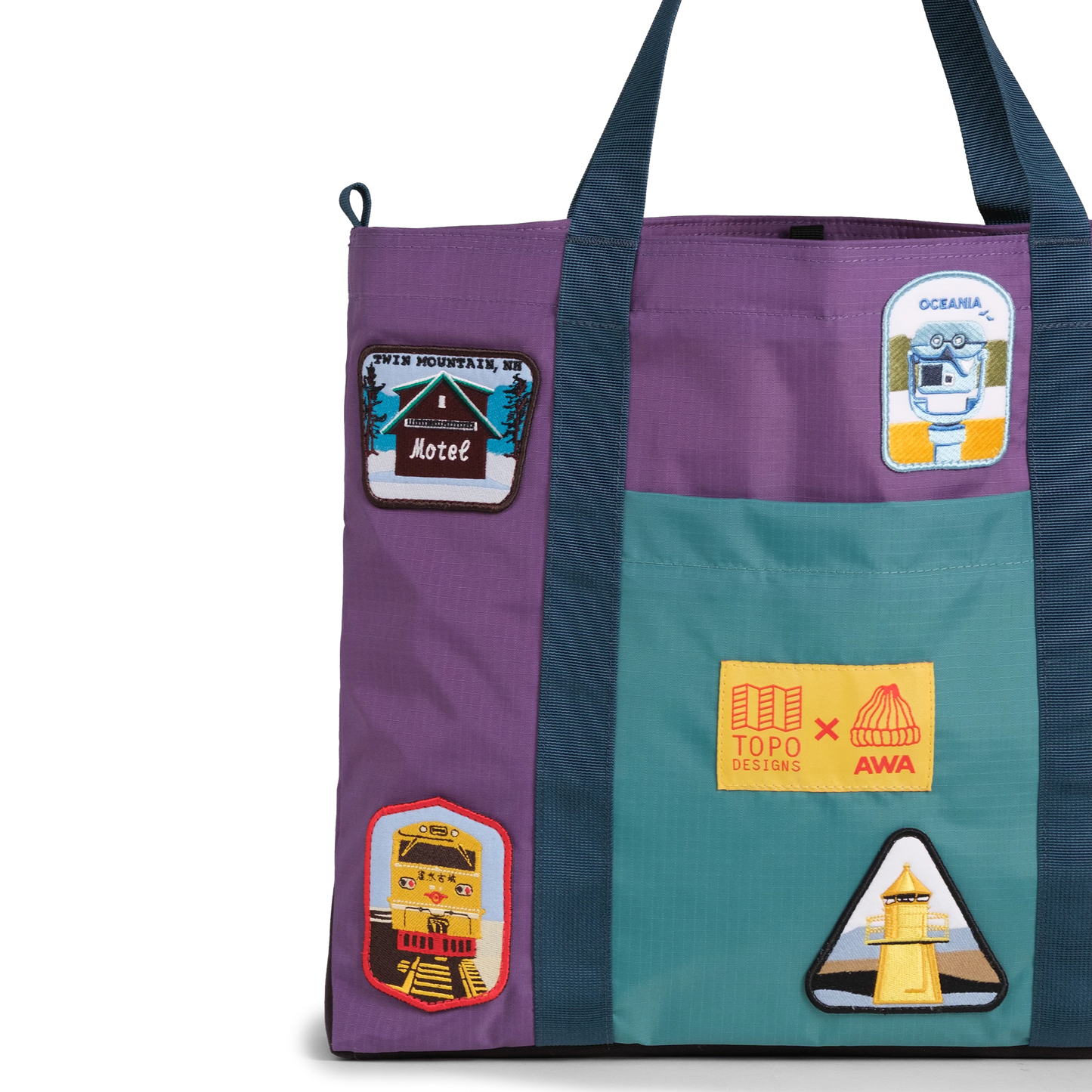 Front exterior detail image of Topo Designs x AWA Mountain Essential Tote in "Loganberry / Caribbean"