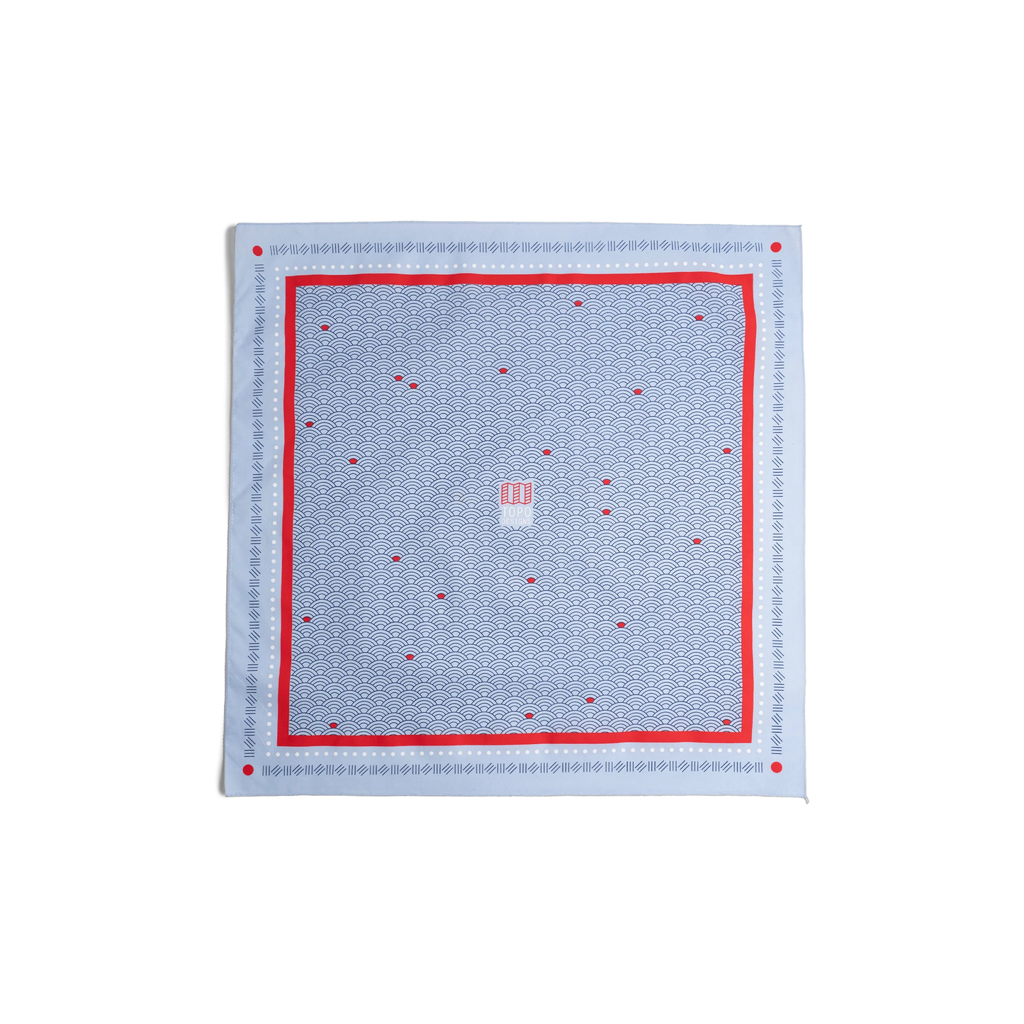 Front flay lay image of Topo Designs x Pine Printshop EBB Bandana in "Light Blue"