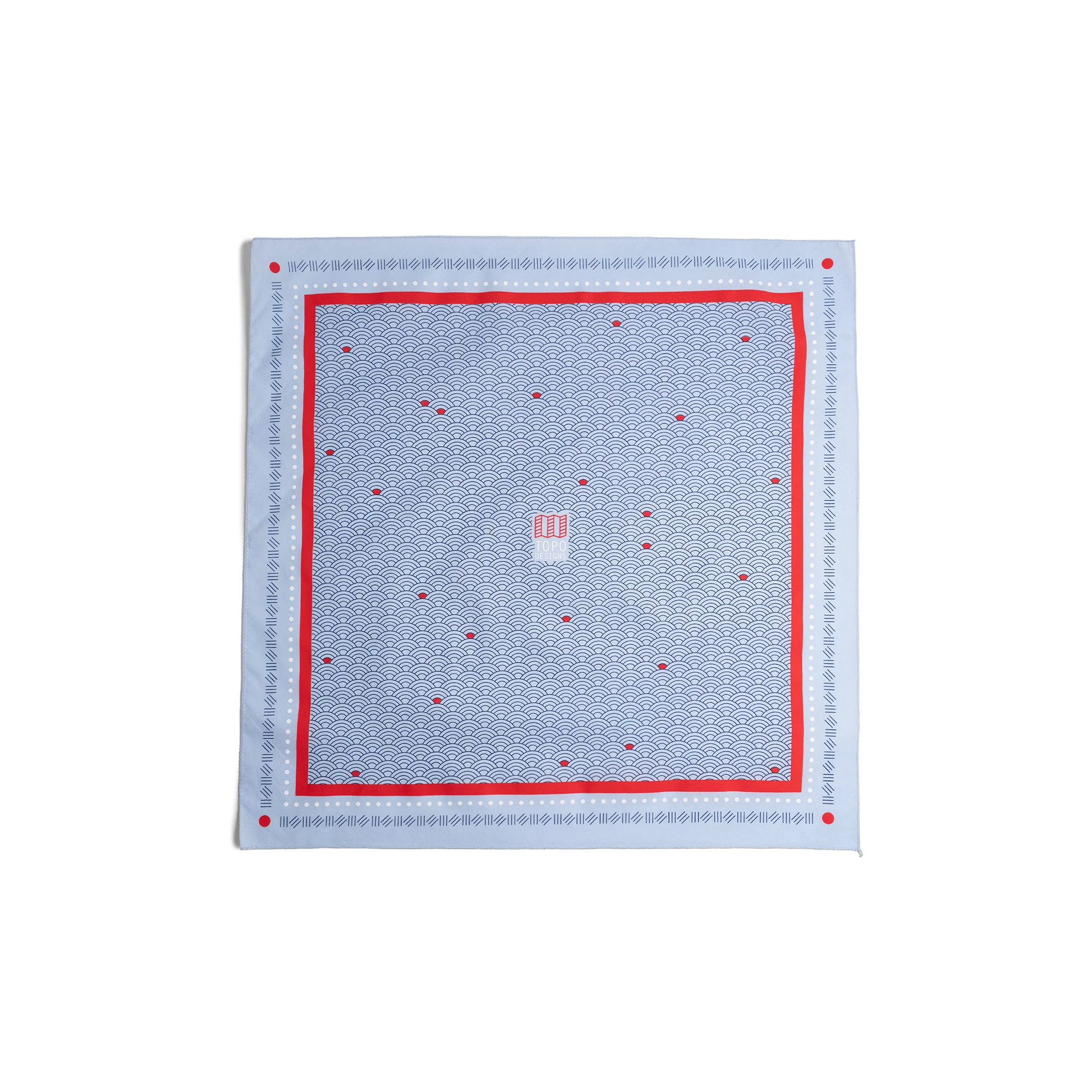 Front flay lay image of Topo Designs x Pine Printshop EBB Bandana in "Light Blue"
