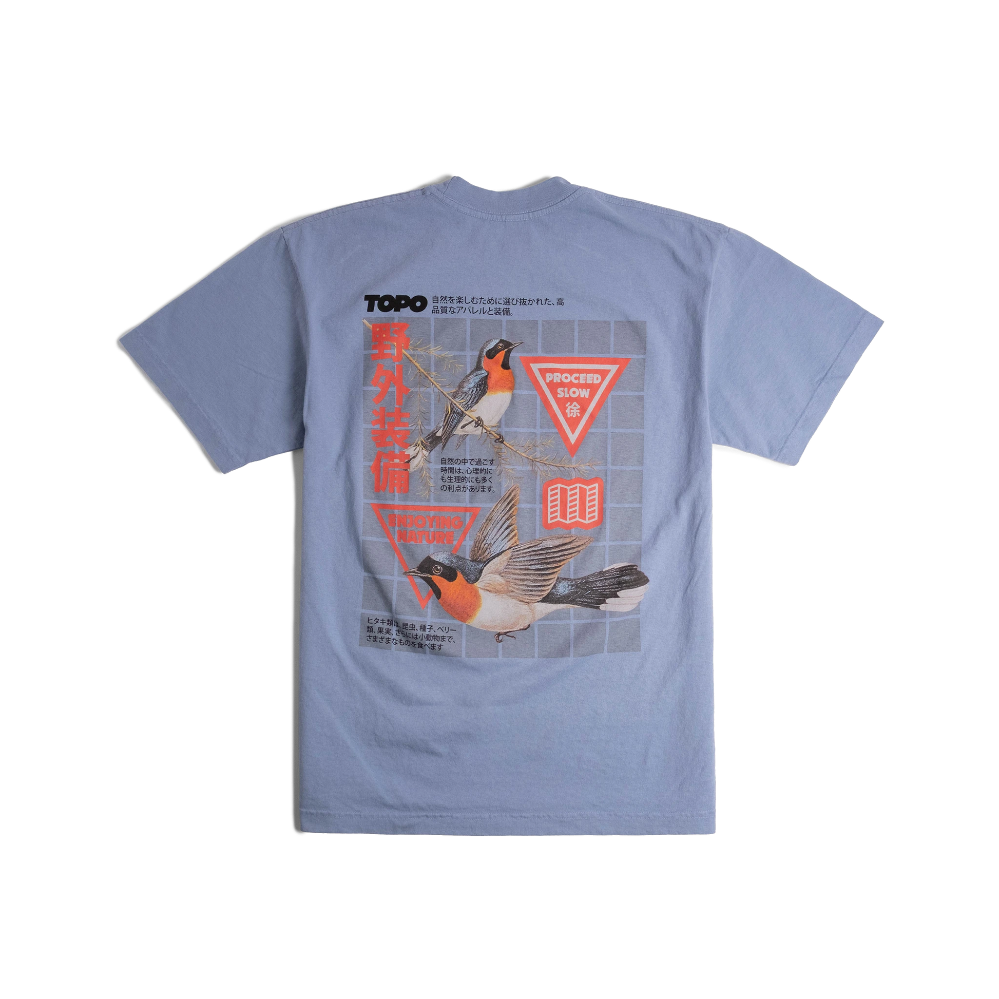 Back flat lay image of Topo Designs x Pine Printshop Proceed Slow Tee in "Clear Blue"