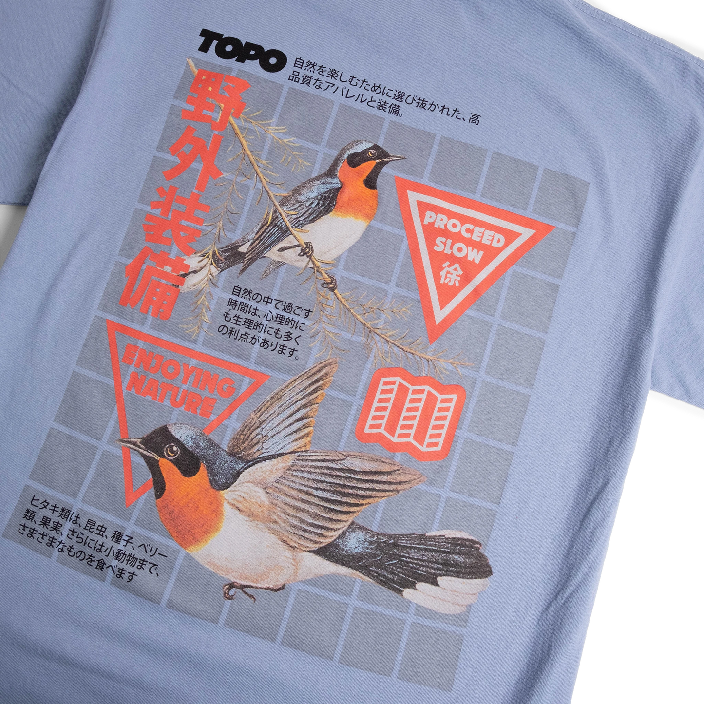 Back detail flat lay image of Topo Designs x Pine Printshop Proceed Slow Tee in "Clear Blue"