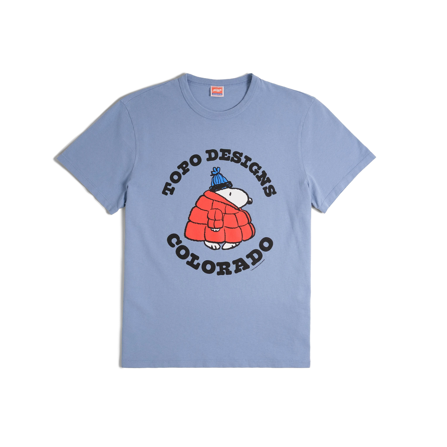 General front image of Topo Designs x TSPTR Puffy Coat Tee in "Sky Blue"