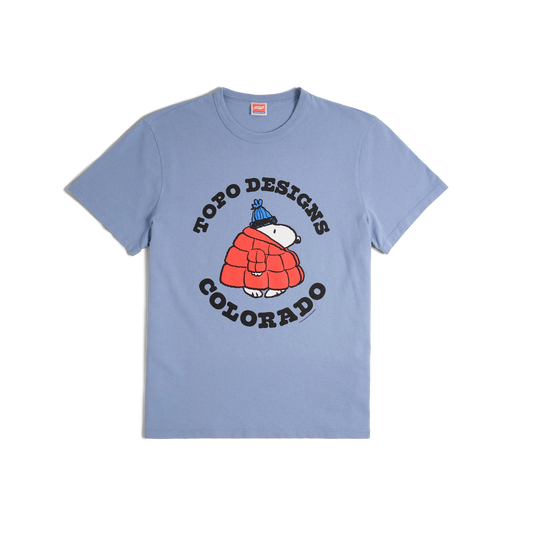 General front image of Topo Designs x TSPTR Puffy Coat Tee in "Sky Blue"