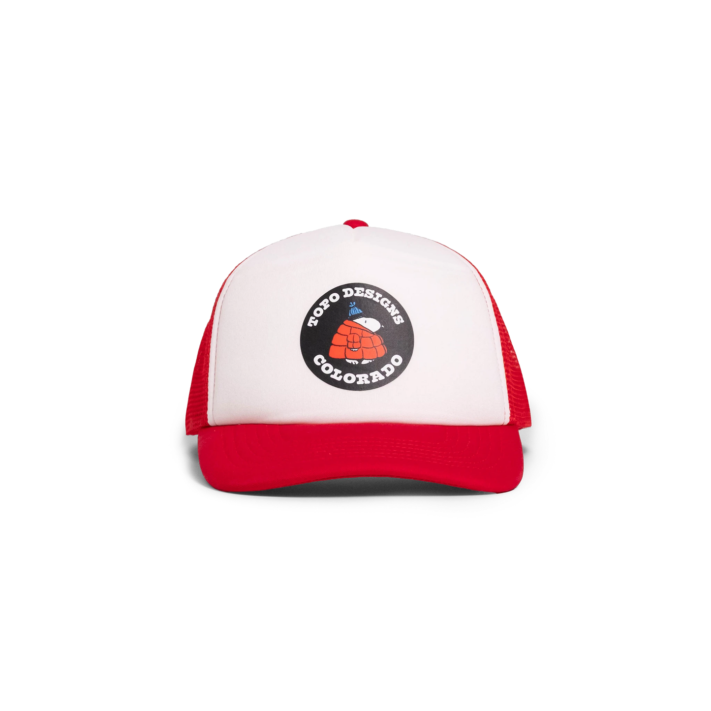 General front image of Topo Designs x TSPTR Snoopy Trucker in "Red / White"