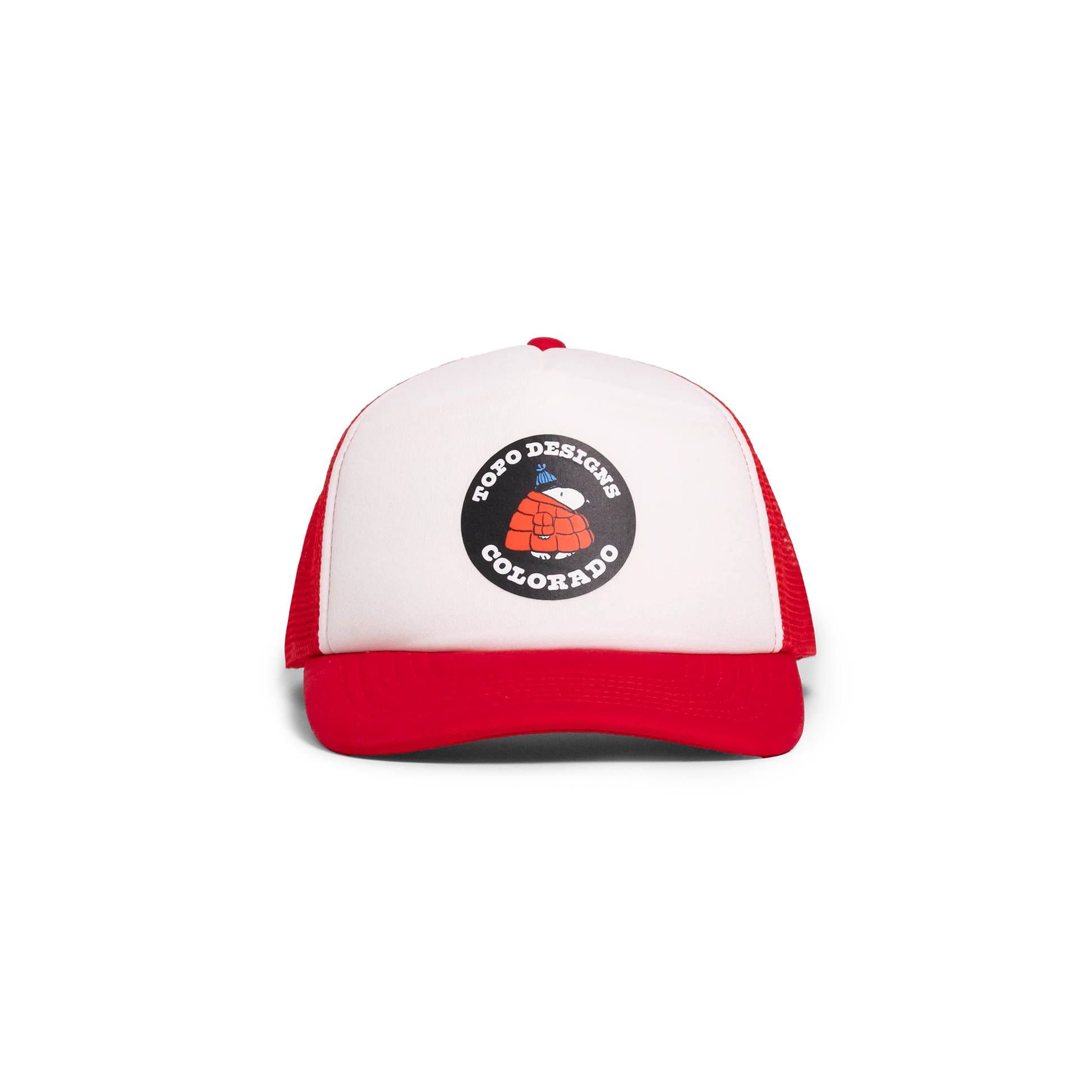 General front image of Topo Designs x TSPTR Snoopy Trucker in "Red / White"