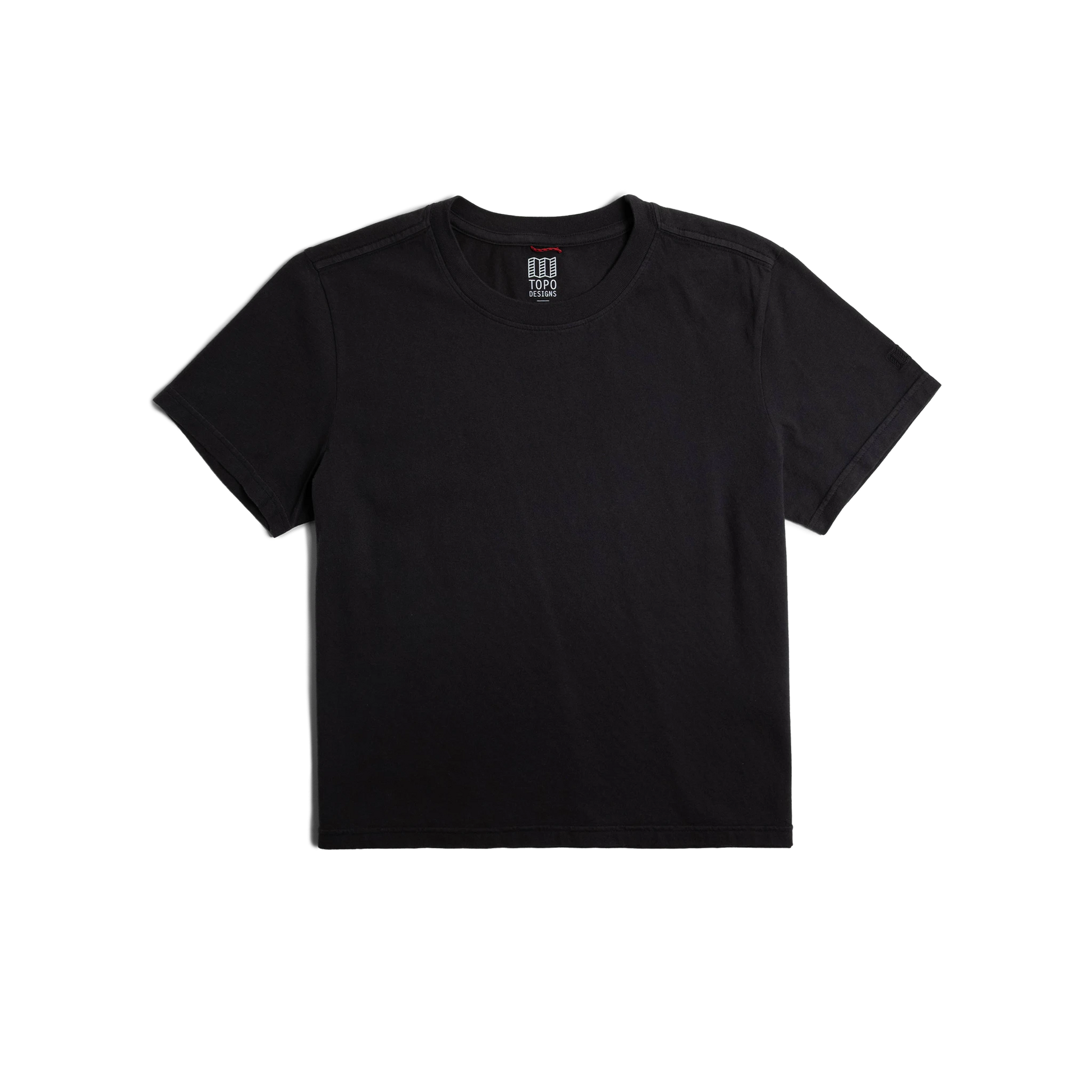 Front flat lay image on white background of Topo Designs Dirt Tee - Women's in "Black"