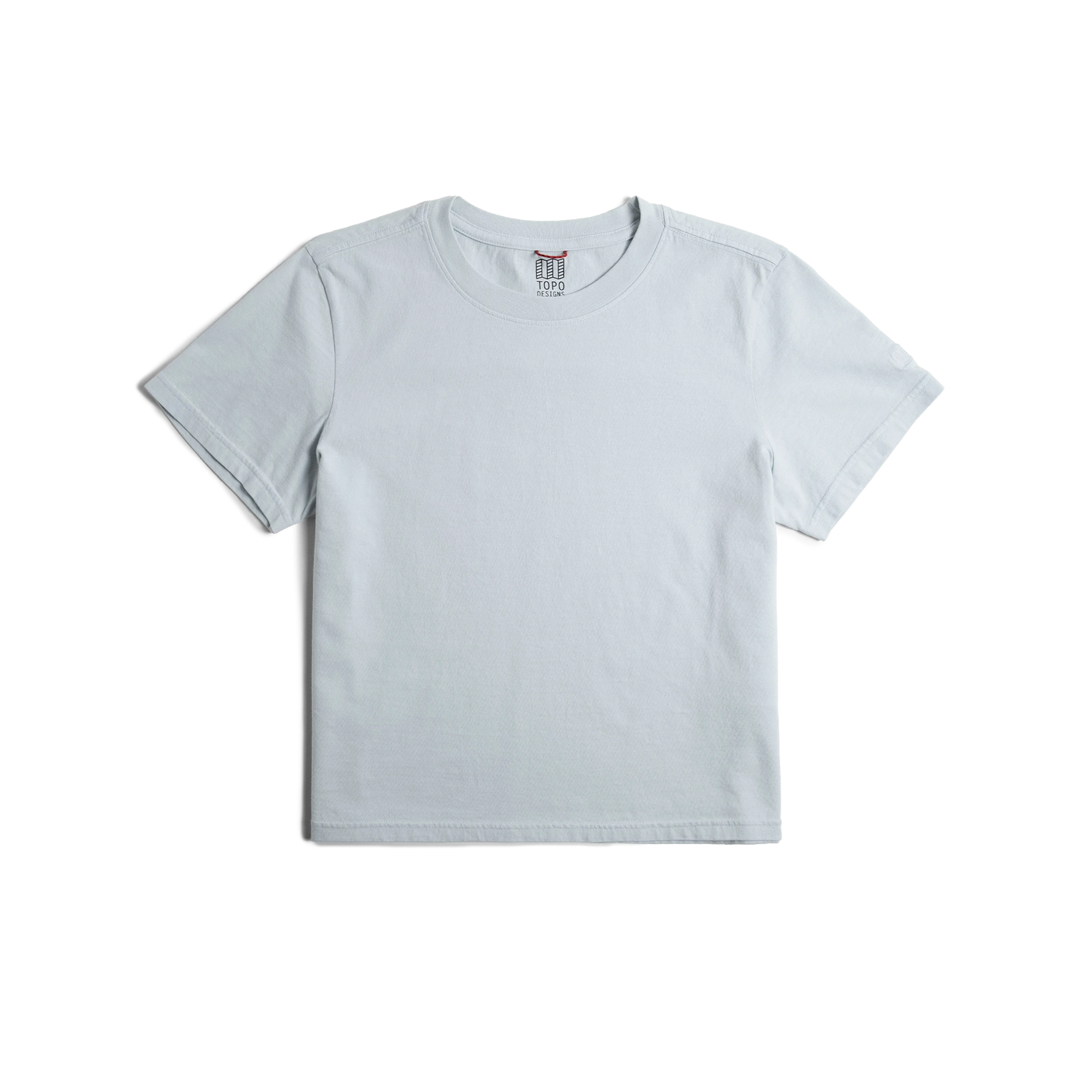 Front flat lay image on white background of Topo Designs Dirt Tee - Women's in "Breeze Blue"