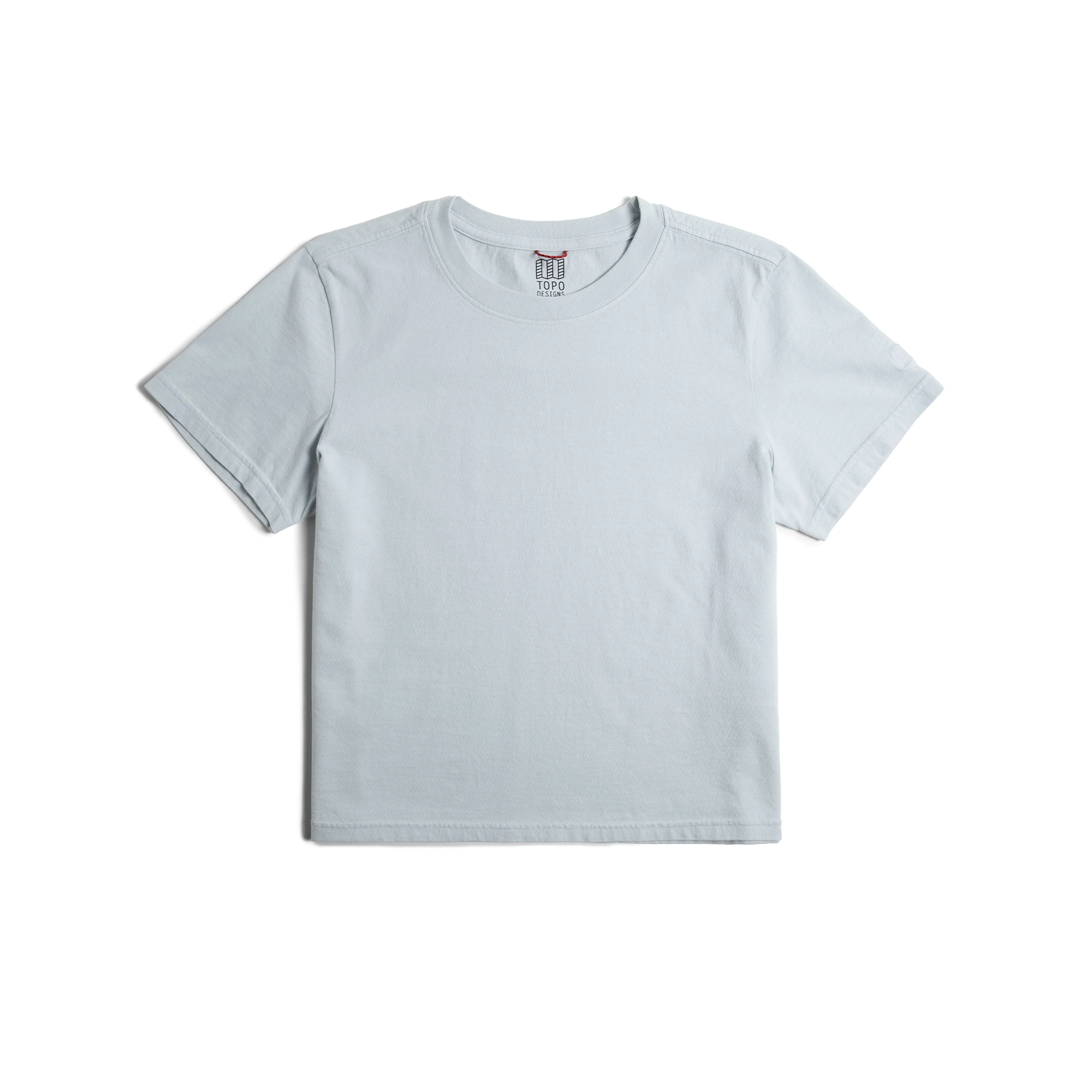 Front flat lay image on white background of Topo Designs Dirt Tee - Women's in "Breeze Blue"