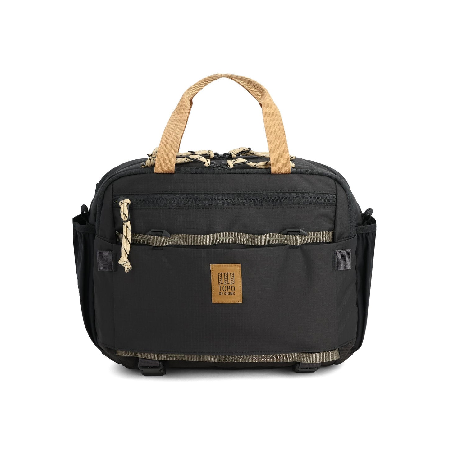 Front View of Topo Designs Mountain Cross Bag in "Black / Neutral"