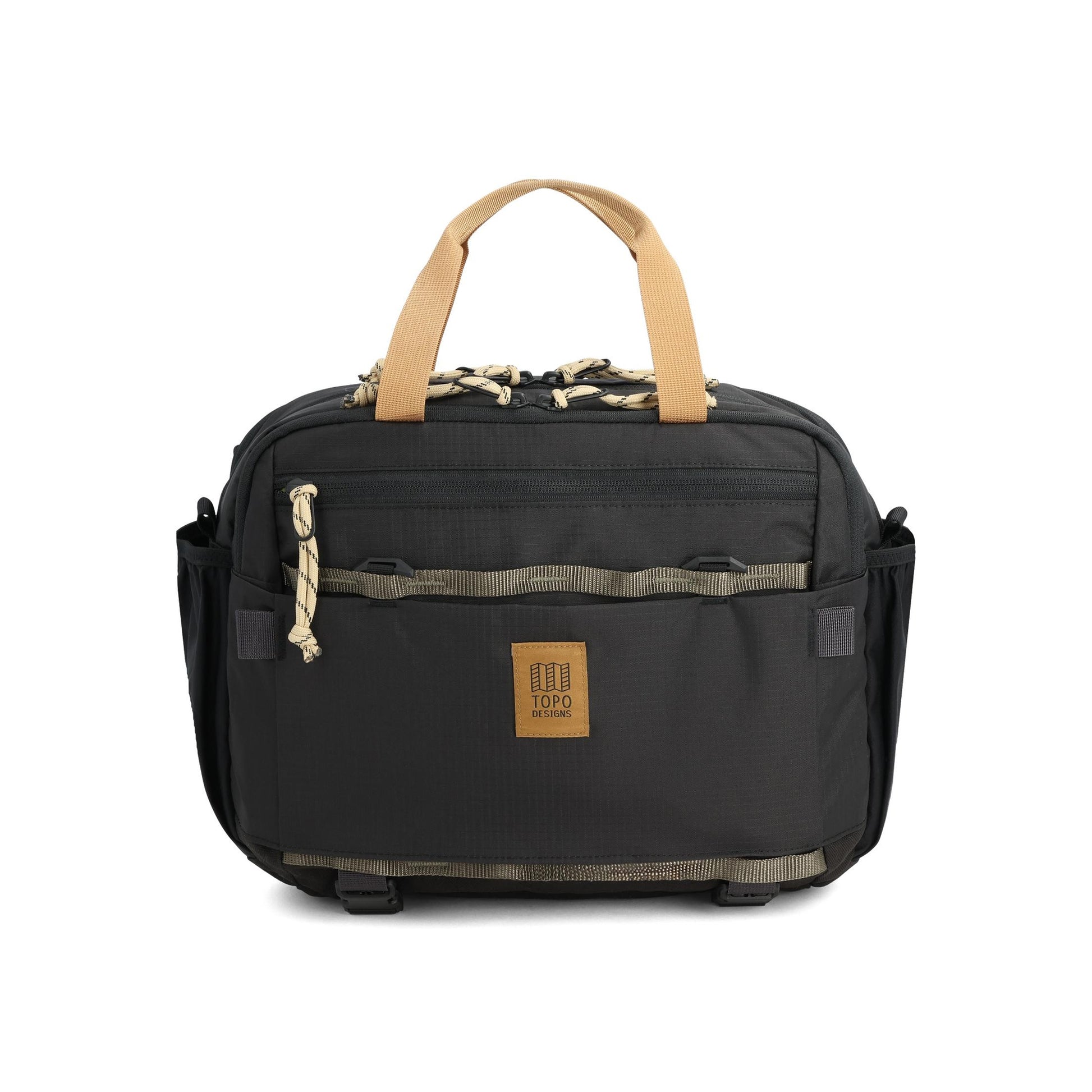 Front View of Topo Designs Mountain Cross Bag in "Black / Neutral"