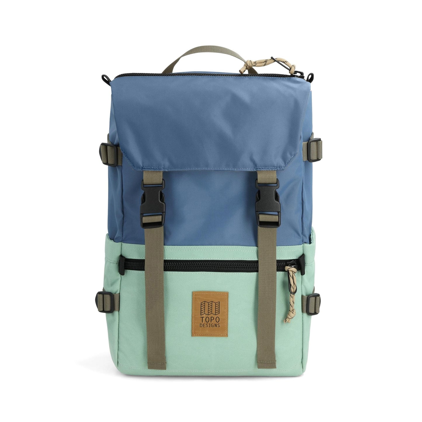 Front View of Topo Designs Rover Pack Classic in "Stone Blue / Ash Green"
