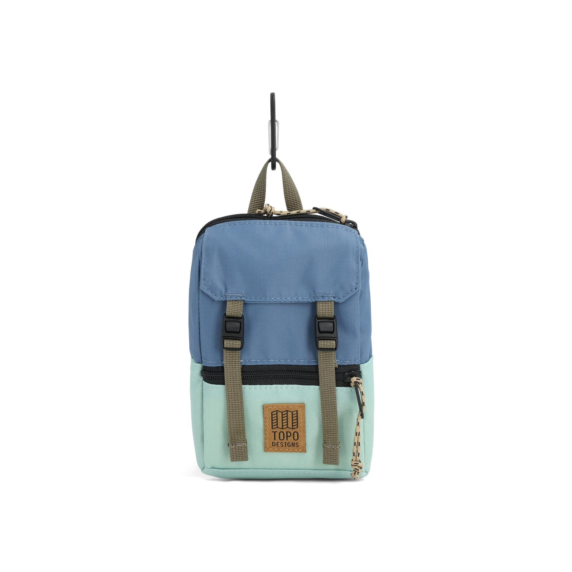 Front View of Topo Designs Rover Pack Micro in "Stone Blue / Ash Green"