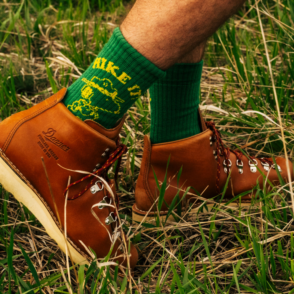General lifestyle image of Topo Designs x TSPTR Hike It Socks in "Green"