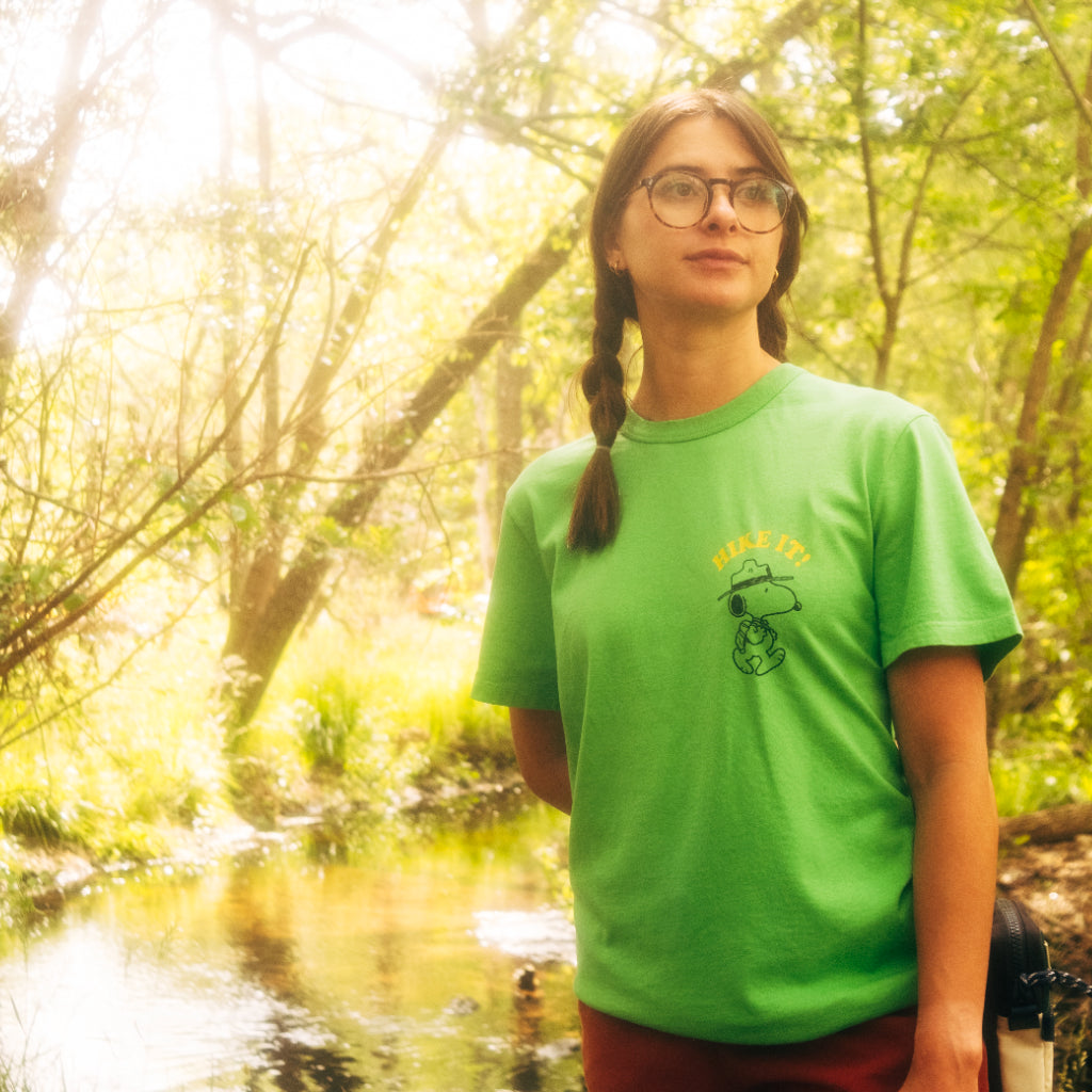 General lifestyle image of Topo Designs x TSPTR Hike It Tee in "Green"