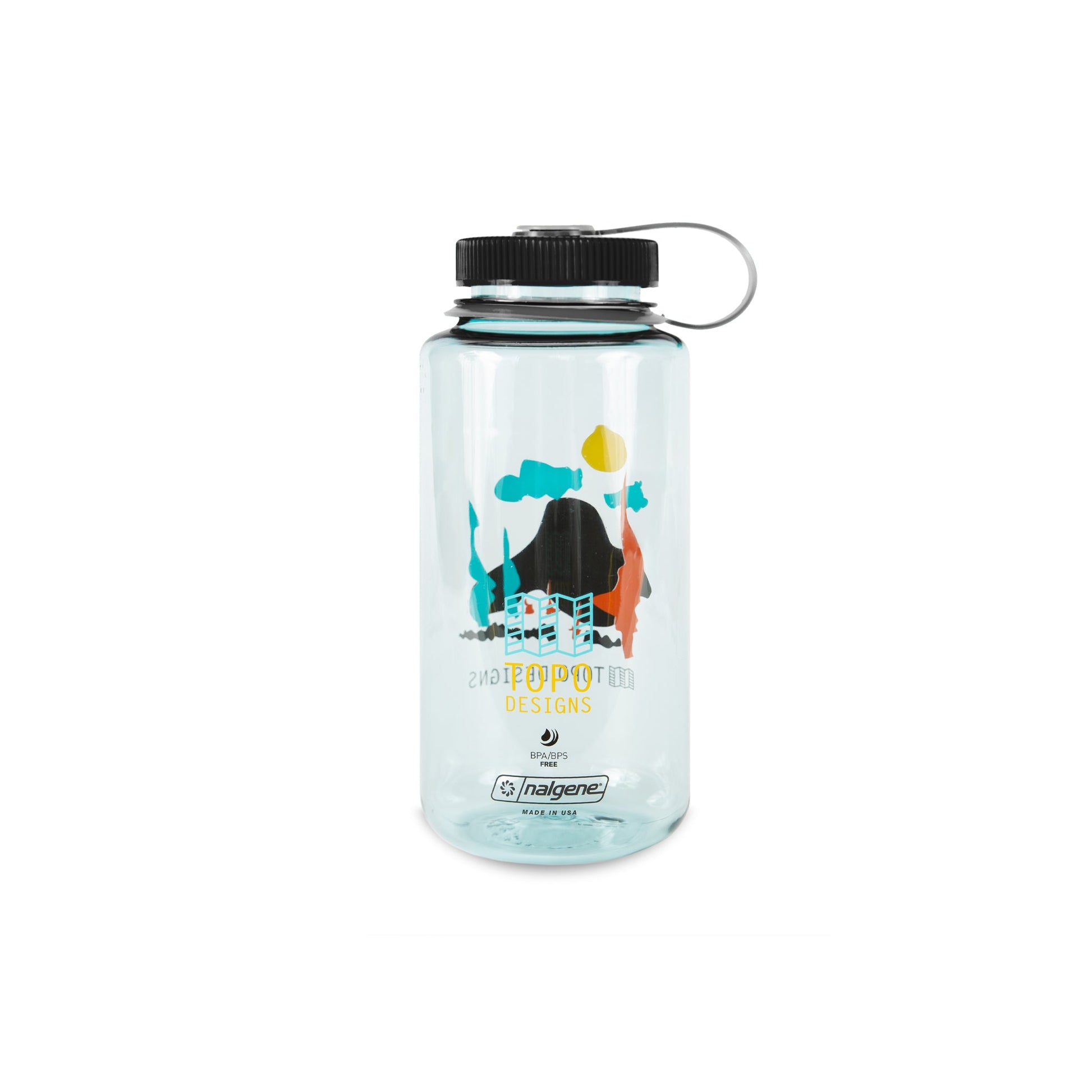 Topo Designs Nalgene 32 oz Wide Mouth Water Bottle in Clear with "Landscape" & Black Lid.