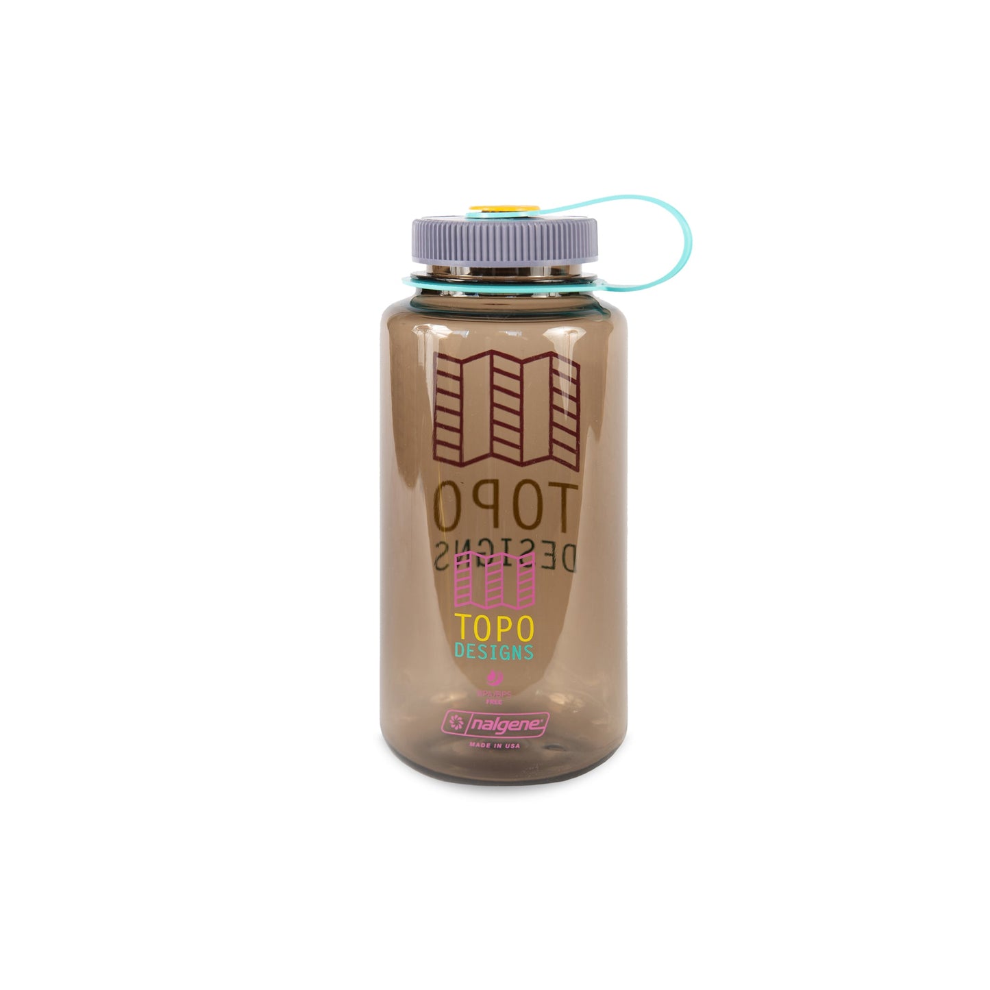 Topo Designs Nalgene 32 oz Wide Mouth Water Bottle in "Brown / Pink" with Multi-color Map Logo.
