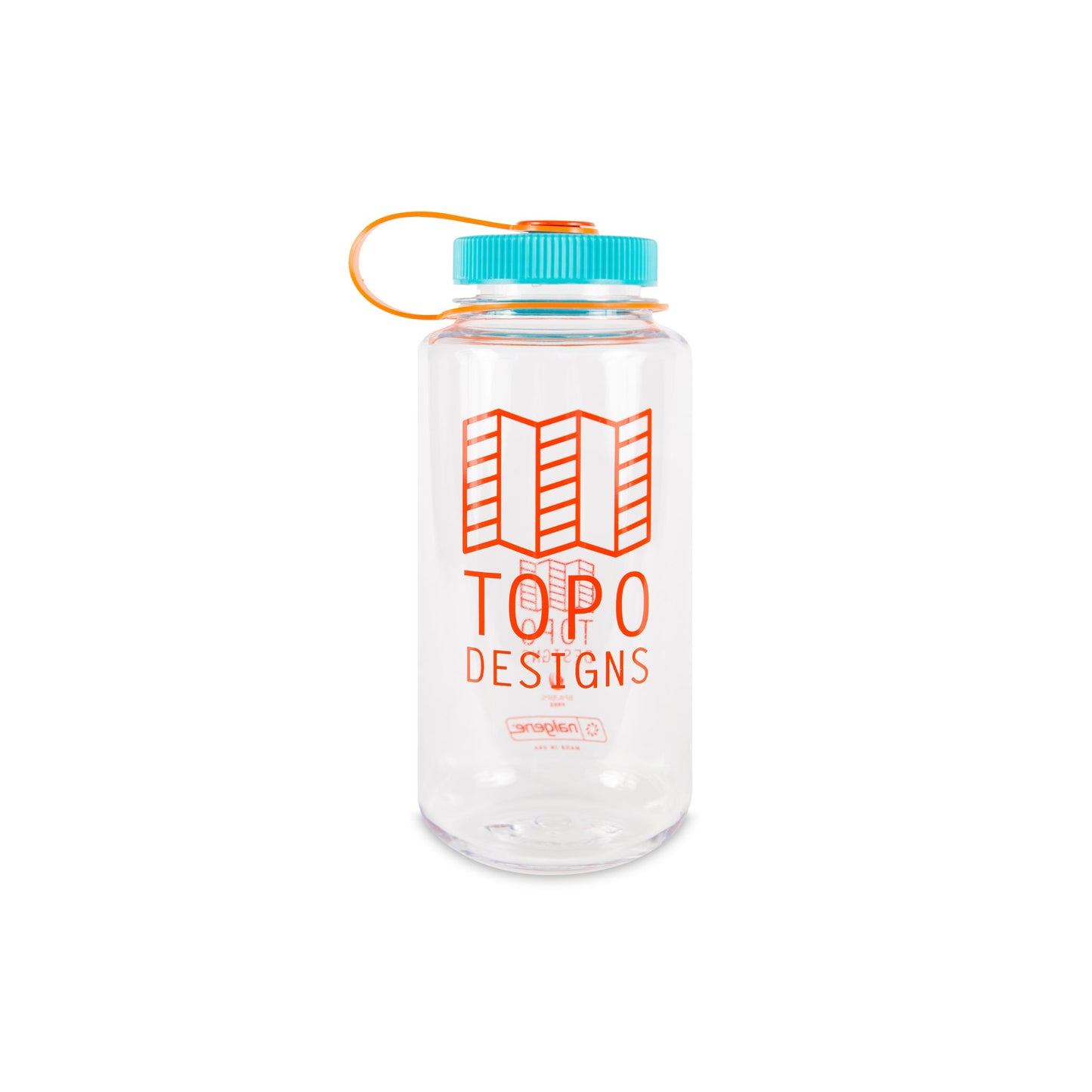 Topo Designs Nalgene 32 oz Wide Mouth Water Bottle in Clear with Red Map Logo & Multi-Color Lid in "Clear / Red / Teal".