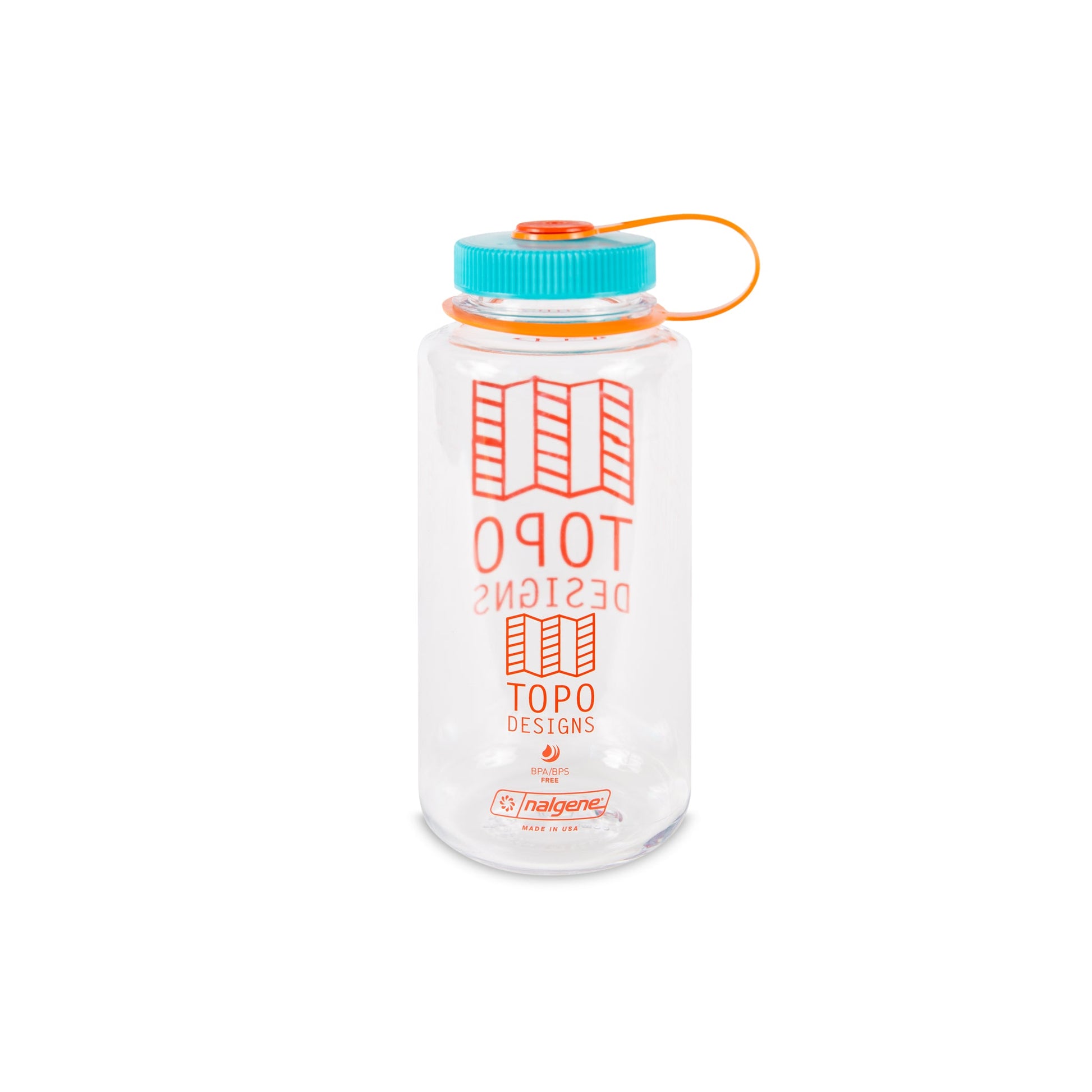 Topo Designs Nalgene 32 oz Wide Mouth Water Bottle in Clear with Red Map Logo & Multi-Color Lid in "Clear / Red / Teal".
