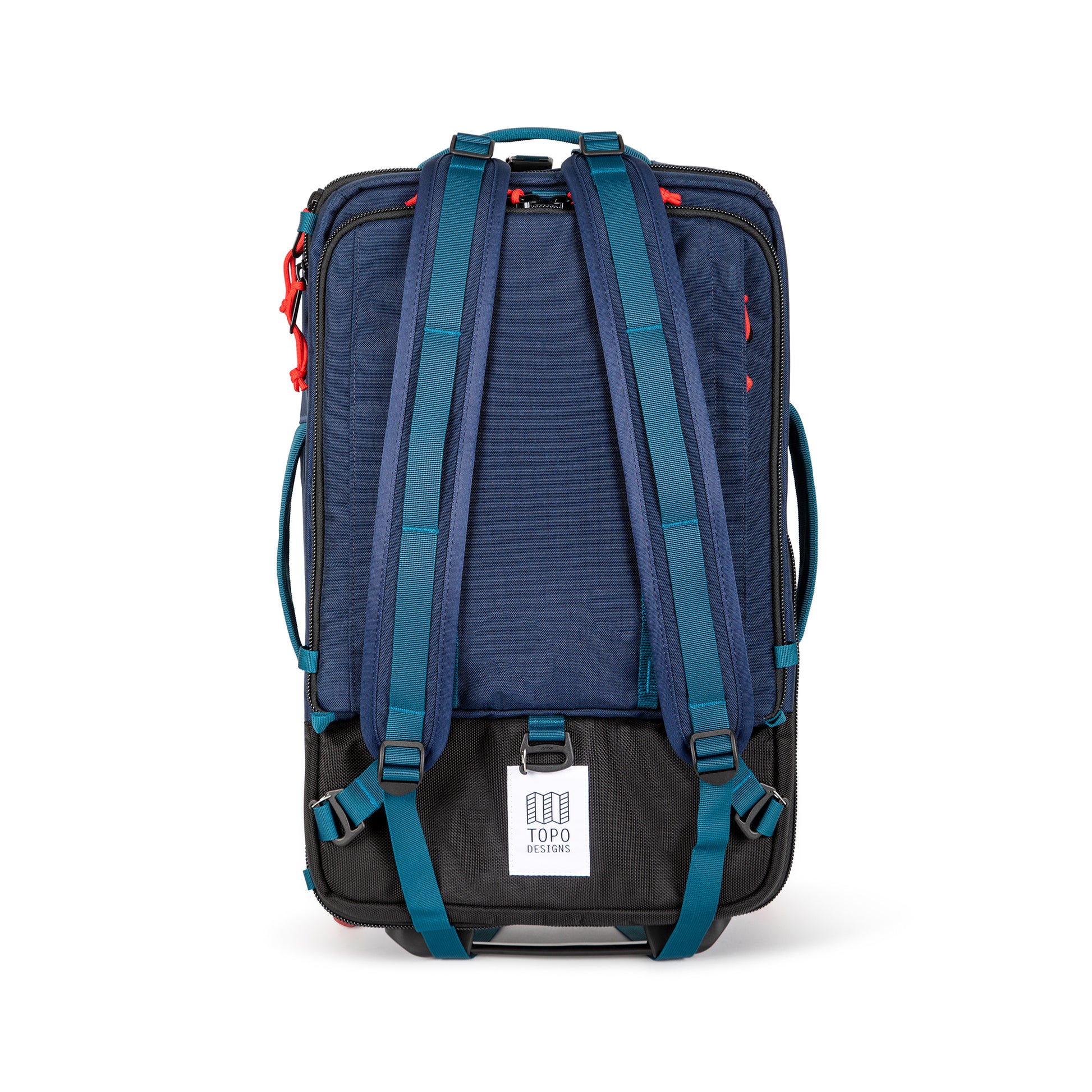 Shot of backpack straps on Topo Designs Global Travel Bag Roller durable carry-on convertible laptop rolling suitcase in Navy blue.