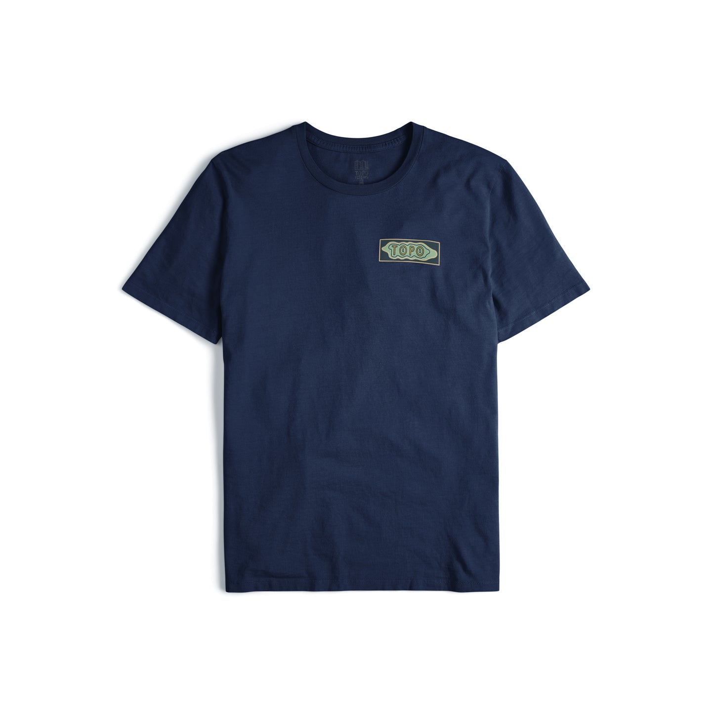 Front view of Topo Designs Men's Geographic Tee 100% organic cotton short sleeve graphic logo t-shirt in "navy".